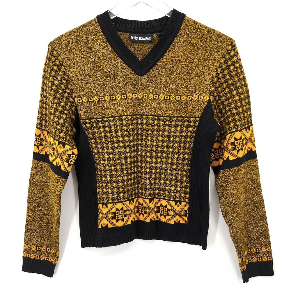 Vintage Nils Skiwear Fair Isle Wool Blend Sweater Size M Nordic‎ Yellow Black